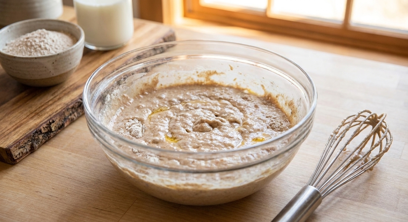 A glass mixing bowl with whole wheat pancake batter stirred until just combined on a tidy kitchen counter with a whisk resting beside it