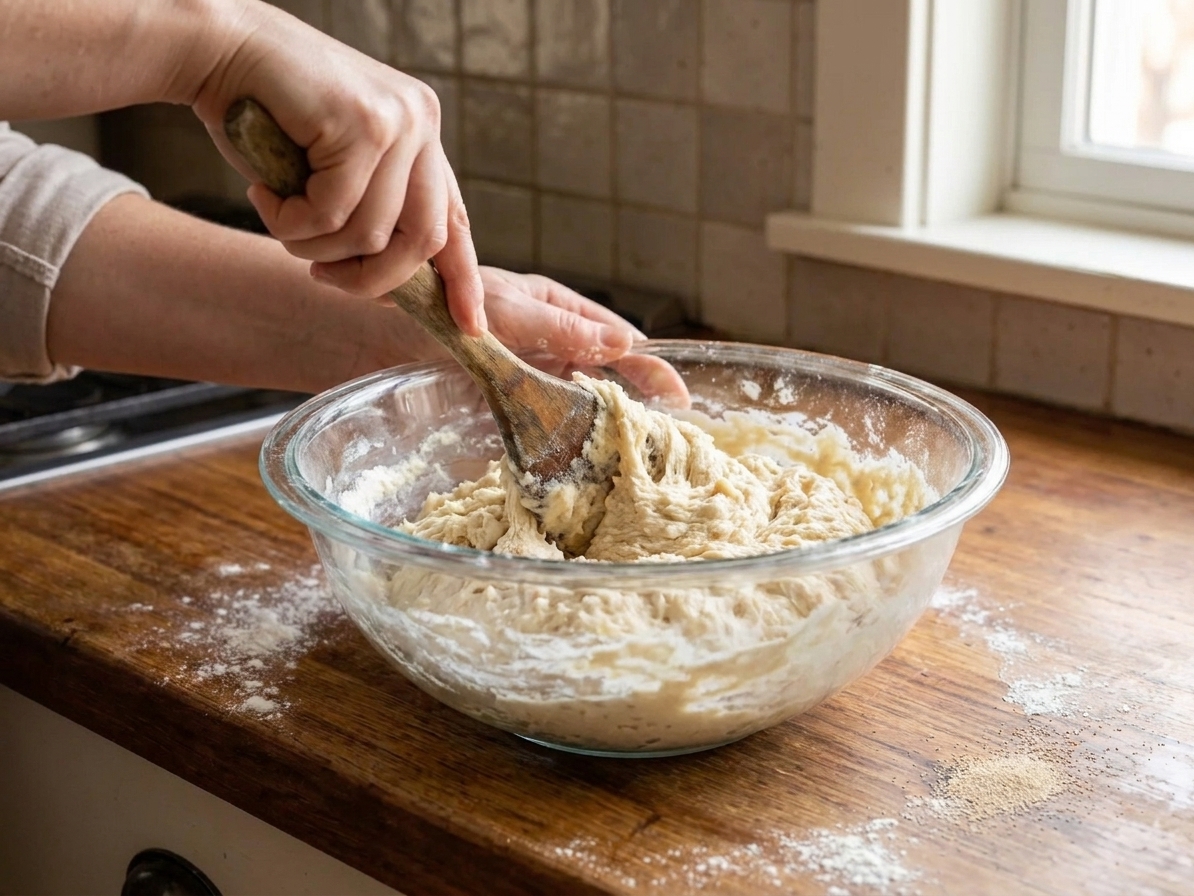 A glass mixing bowl with yeast dough being stirred with a wooden spoon on a home kitchen counter