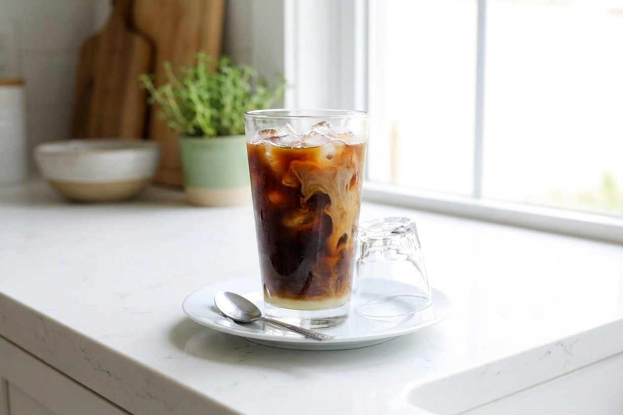 A glass of Vietnamese iced coffee with sweetened condensed milk swirled into dark coffee, served over ice on a bright kitchen counter