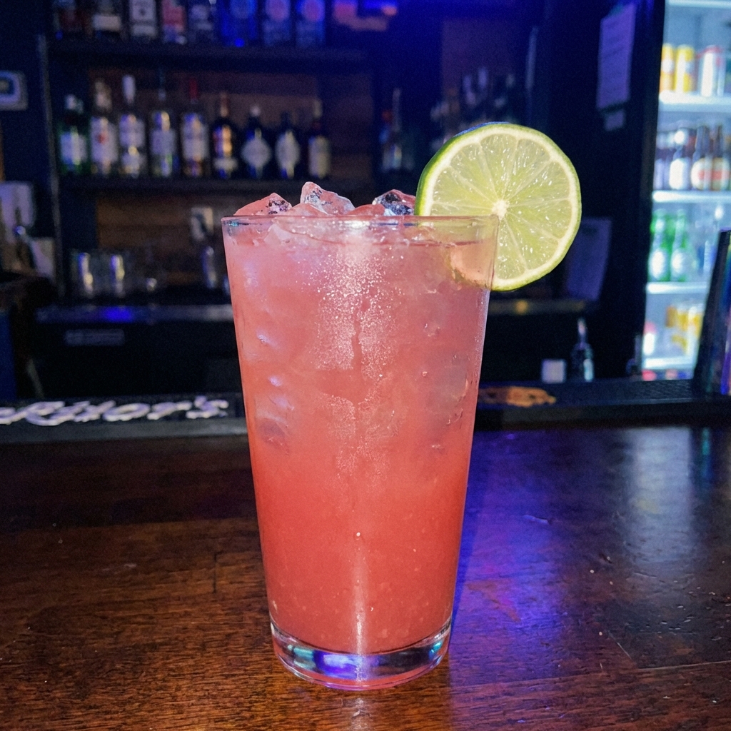 A glass of agua fresca with ice and a lime wheel on the rim