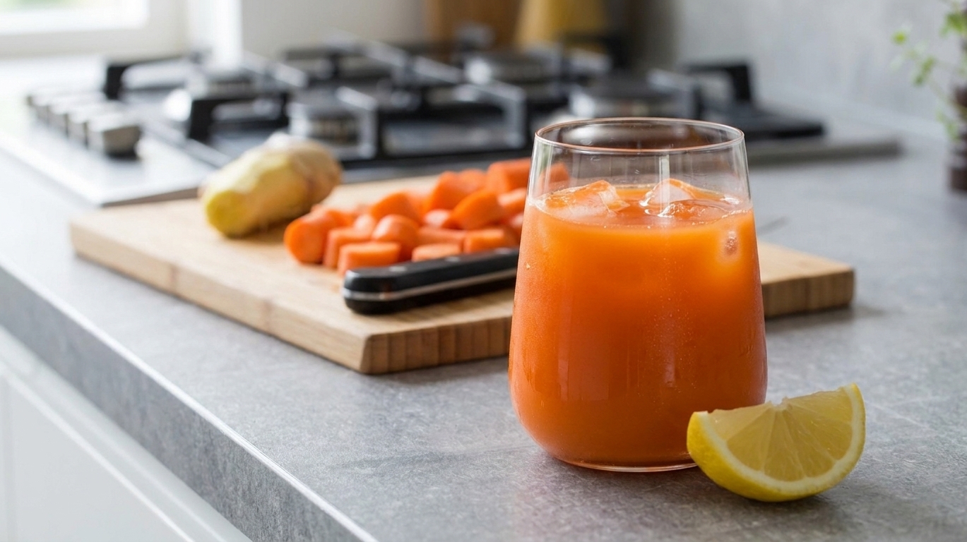A glass of carrot juice served over ice cubes on a kitchen counter with a lemon wedge nearby