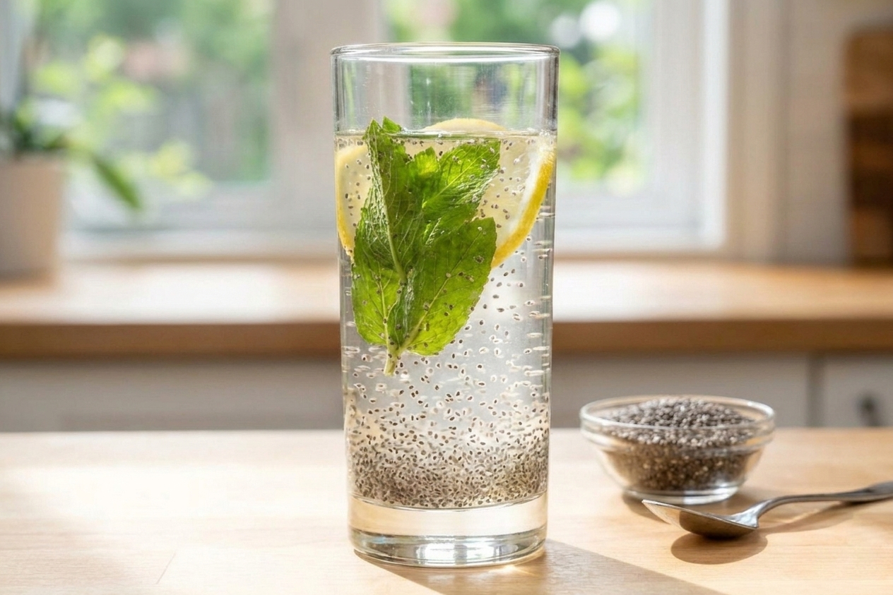 A glass of chia water on a kitchen counter as the chia seeds hydrate and begin to suspend evenly