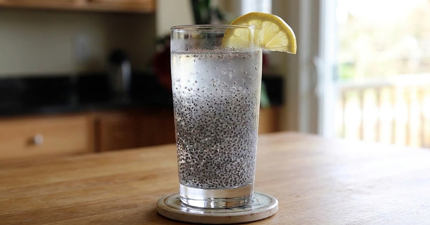 A glass of chilled chia seed water with a lemon wedge on the rim on a simple kitchen table setting