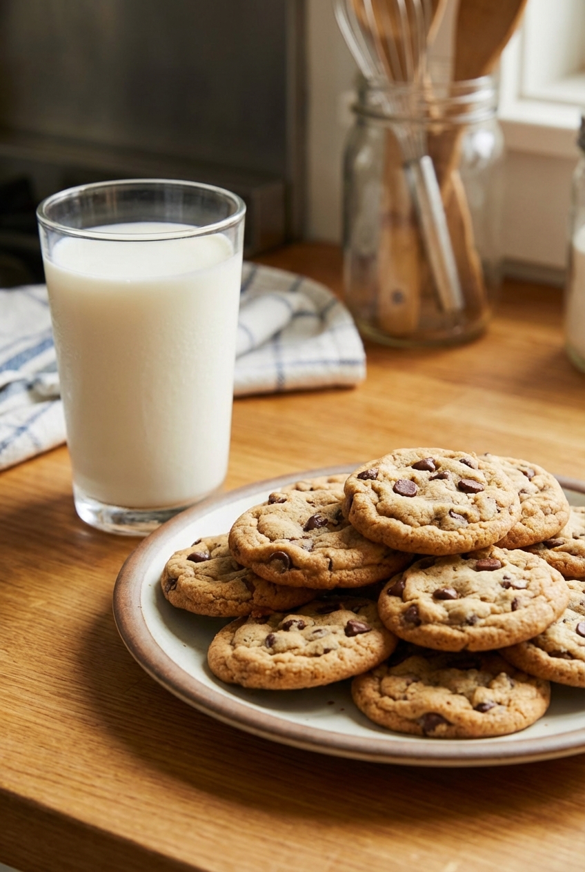 A glass of cold milk next to a plate of cookies