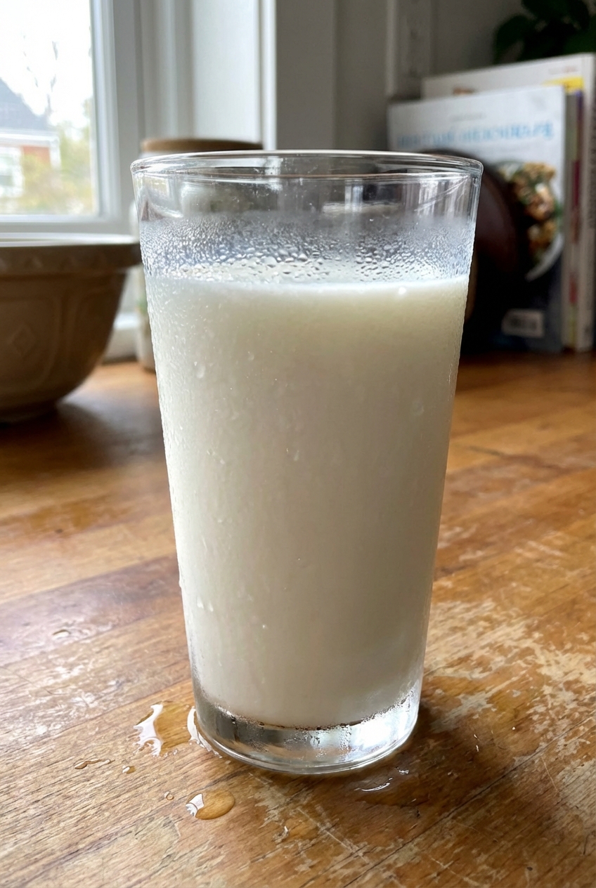 A glass of cold milk on a countertop with condensation