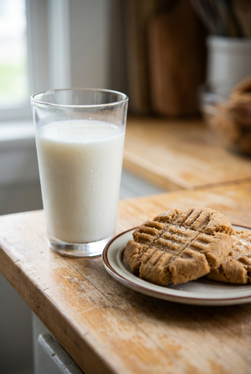 A glass of cold milk on a kitchen counter next to two peanut butter cookies