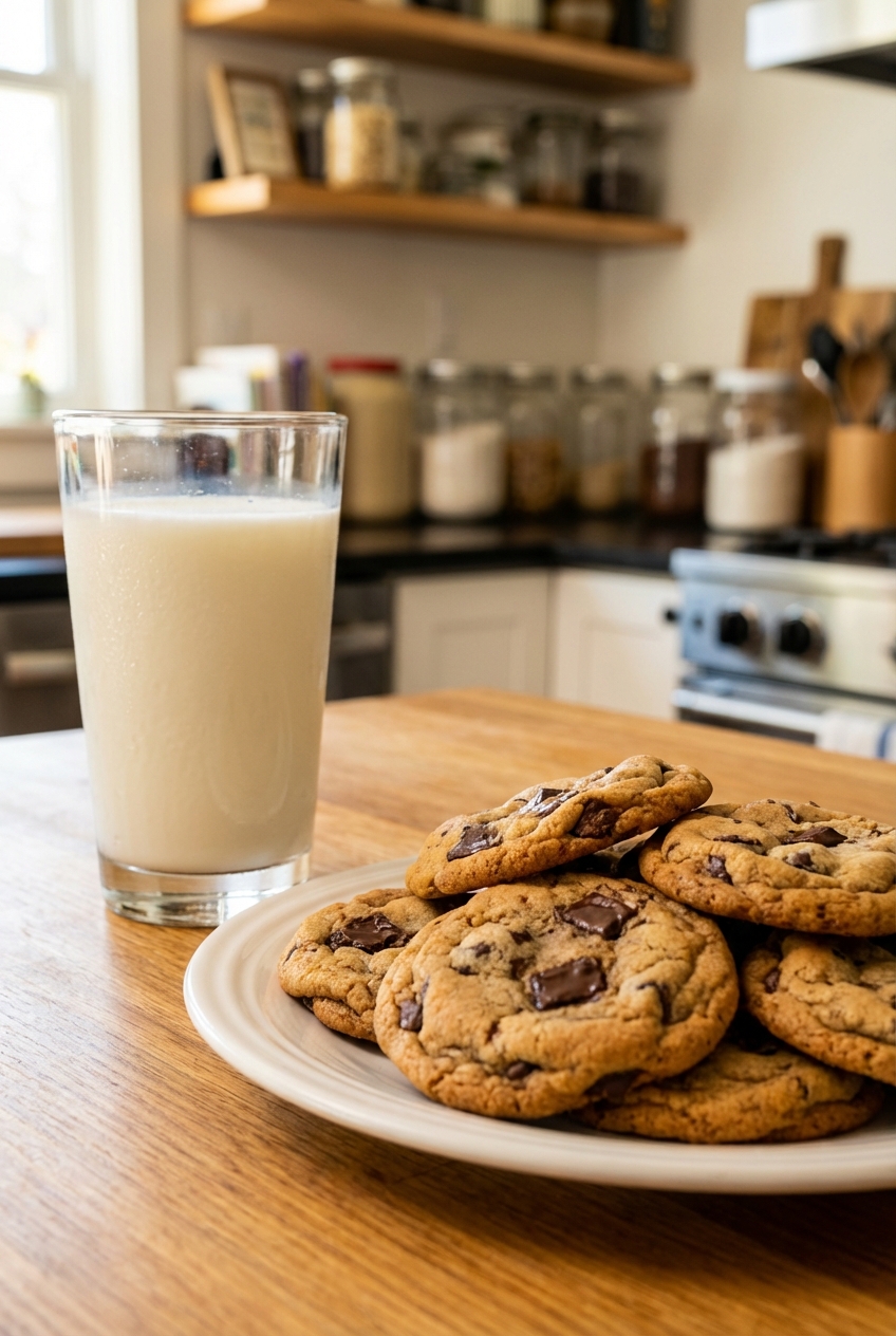 A glass of cold milk on a kitchen counter next to a plate of chocolate chip cookies