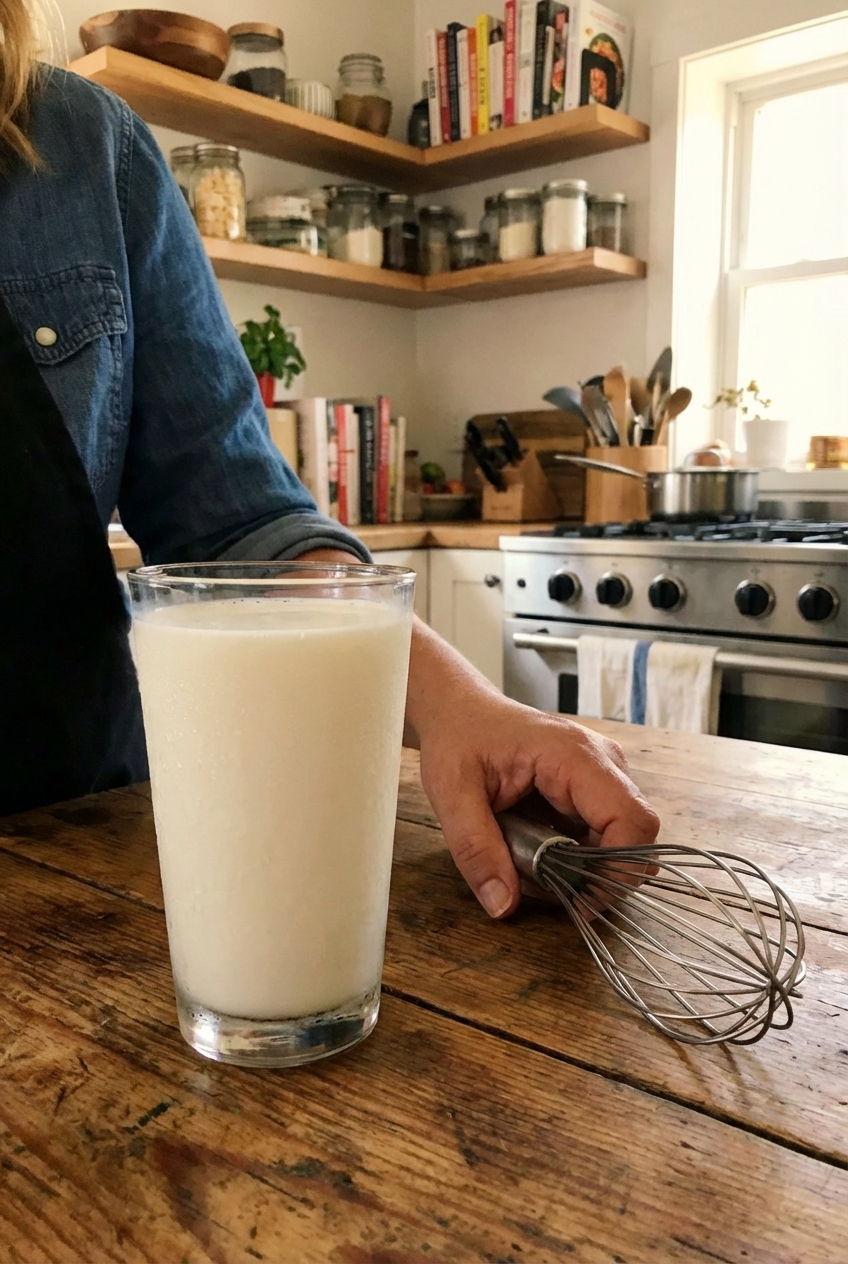 A glass of cold milk on a kitchen counter
