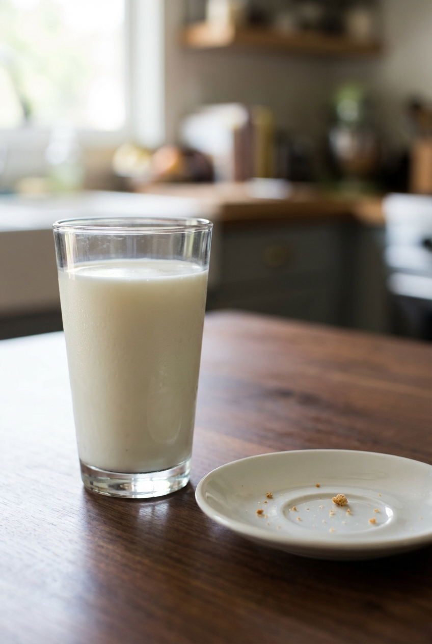 A glass of cold milk on a table next to a small plate