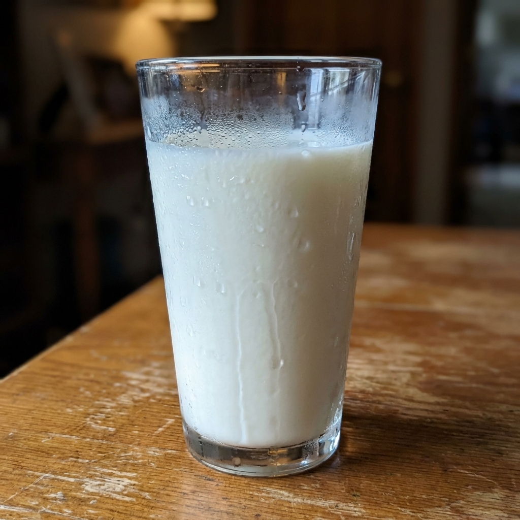 A glass of cold milk on a wooden table with condensation