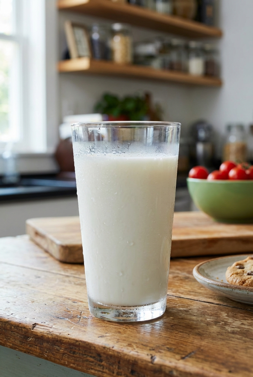 A glass of cold milk on a wooden table