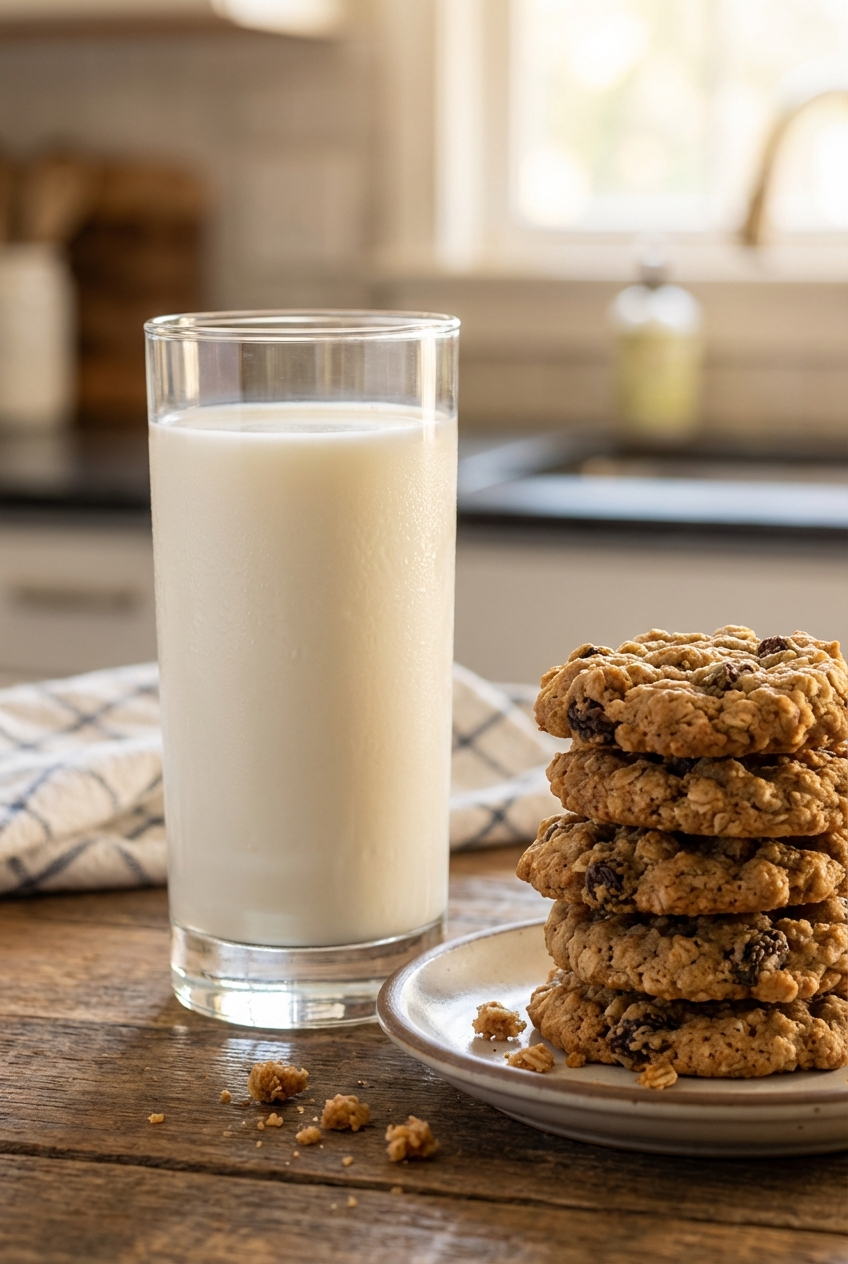 A glass of cold milk with condensation beside a stack of oatmeal cookies