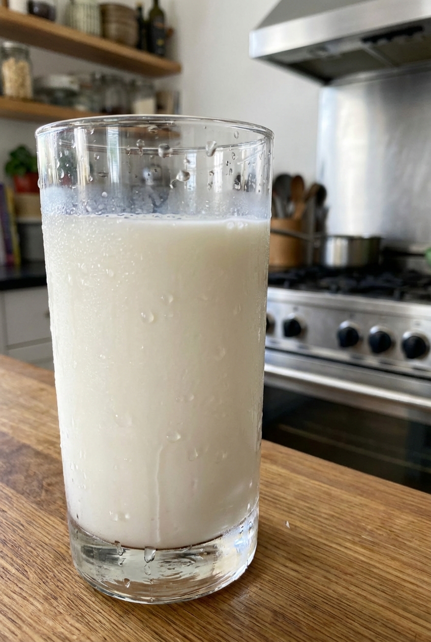 A glass of cold milk with condensation on the outside sitting on a countertop
