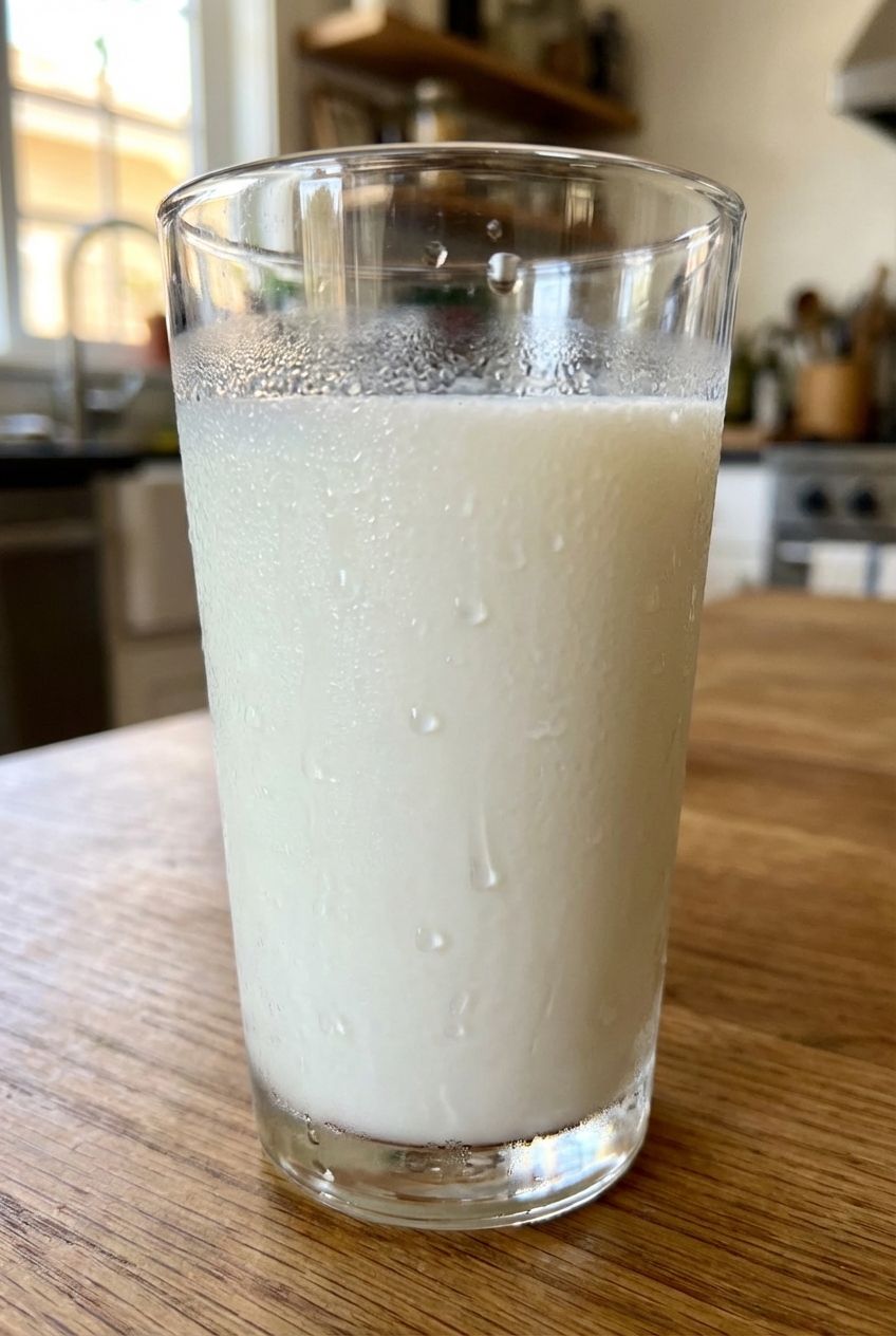 A glass of cold milk with condensation on the outside