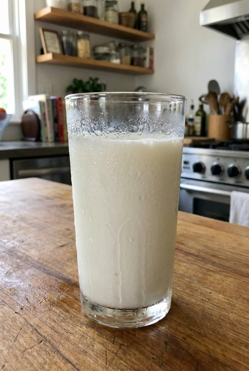 A glass of cold milk with condensation on the outside on a kitchen counter