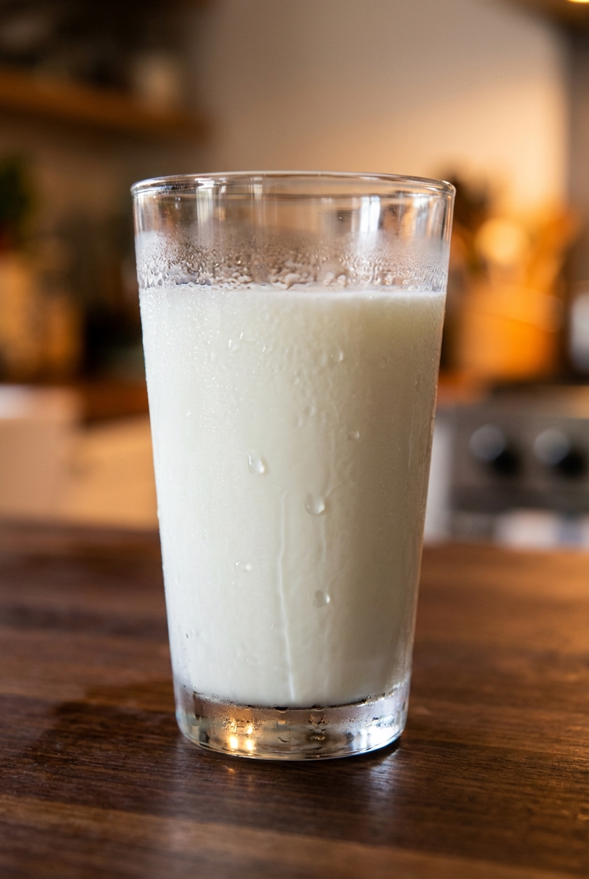 A glass of cold milk with condensation on the outside