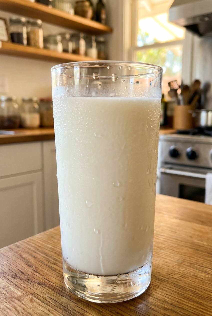 A glass of cold milk with condensation