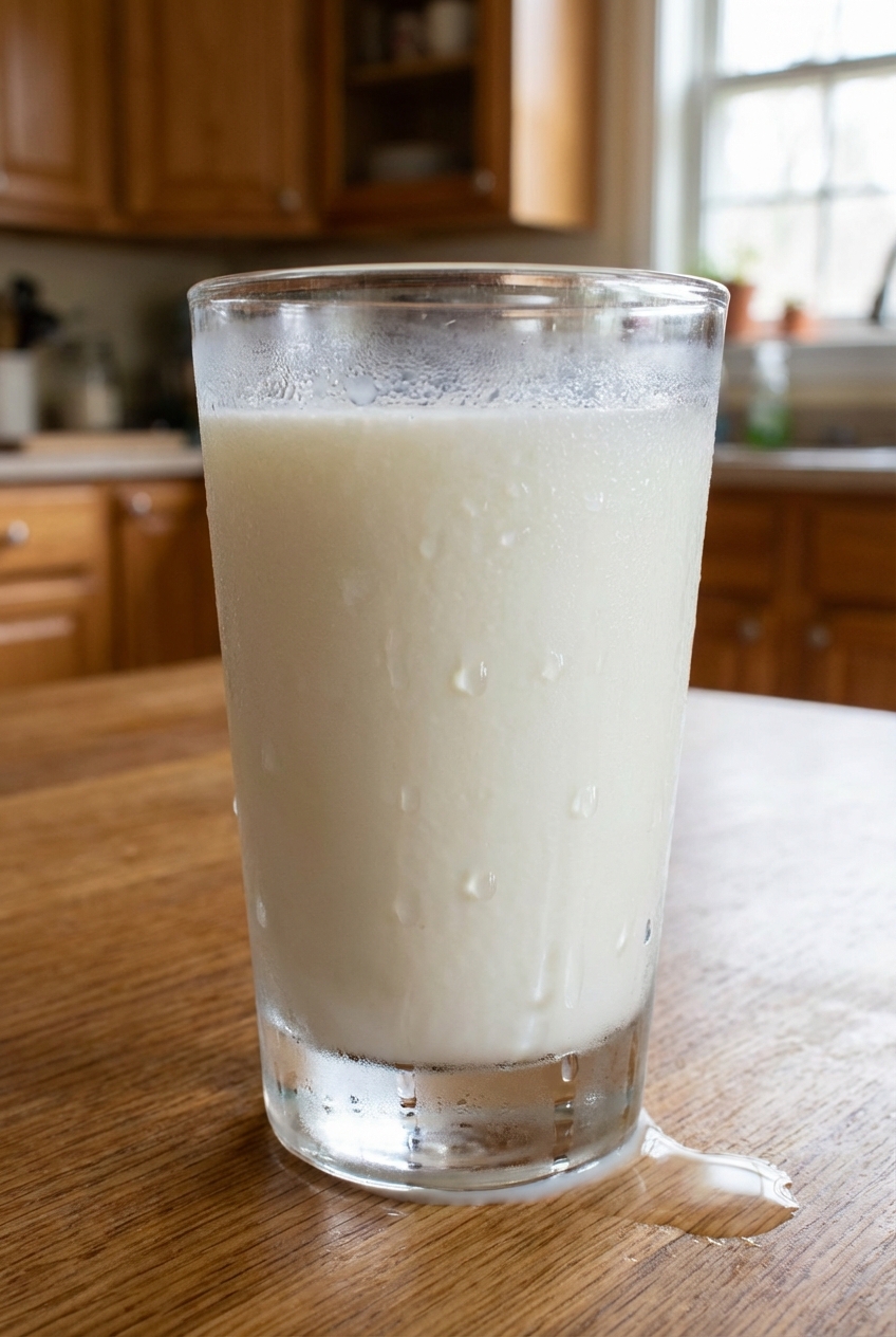 A glass of cold milk with condensation