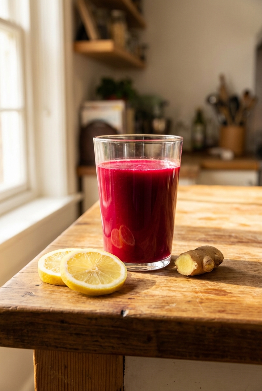 A glass of deep magenta beetroot (chukandar) juice with lemon slices and a small piece of ginger on a wooden counter in natural window light