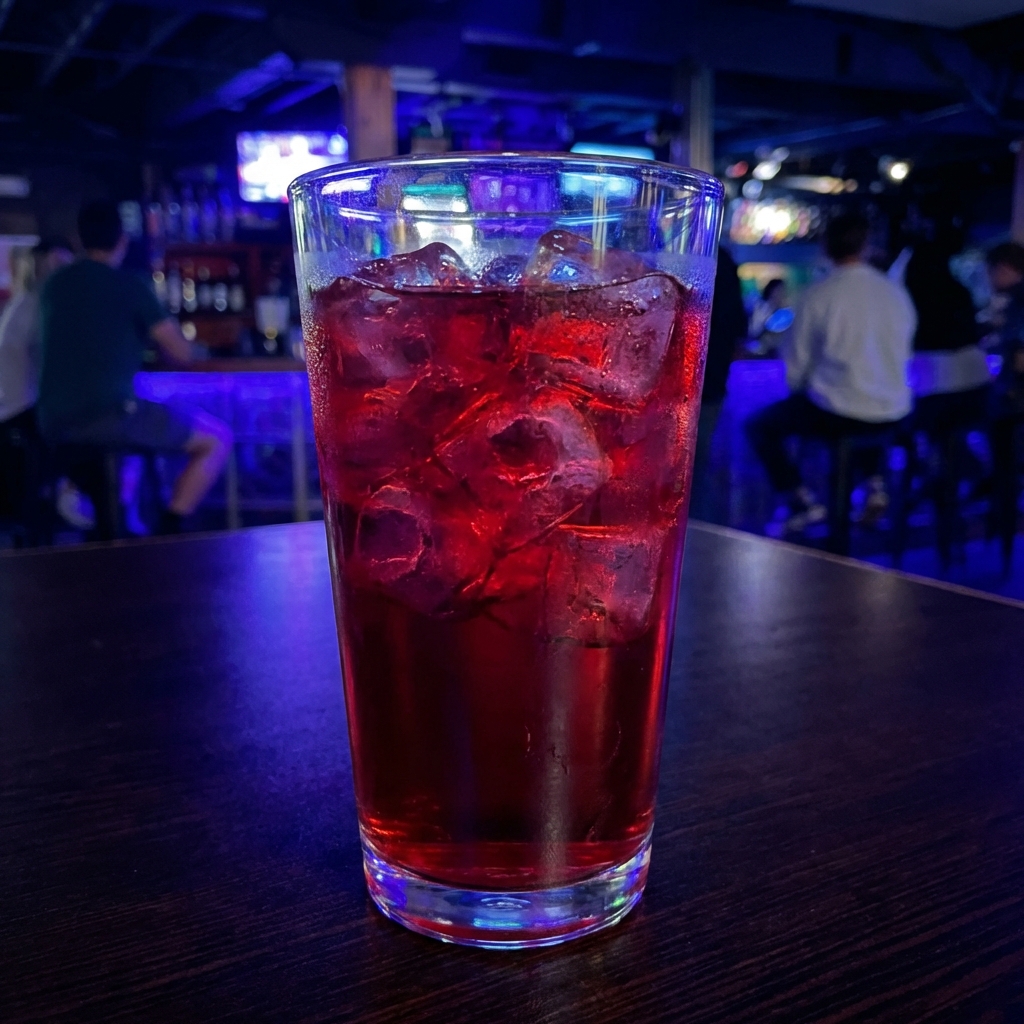 A glass of deep red hibiscus tea with ice