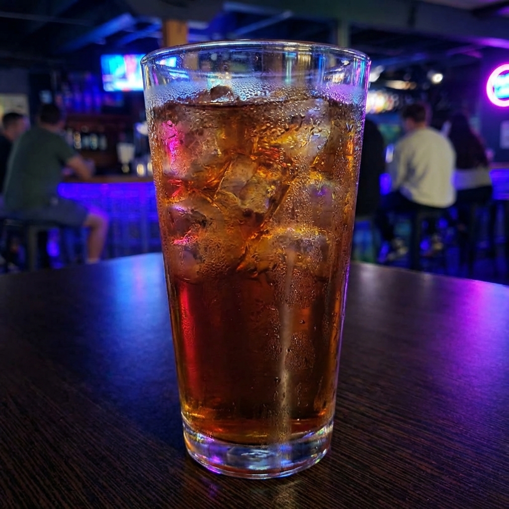 A glass of iced barley tea with condensation
