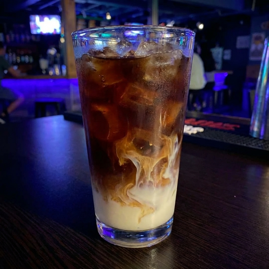 A glass of iced coffee with a swirl of condensed milk settling at the bottom
