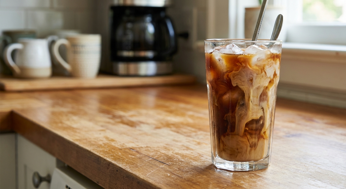 A glass of iced coffee with cream on a countertop