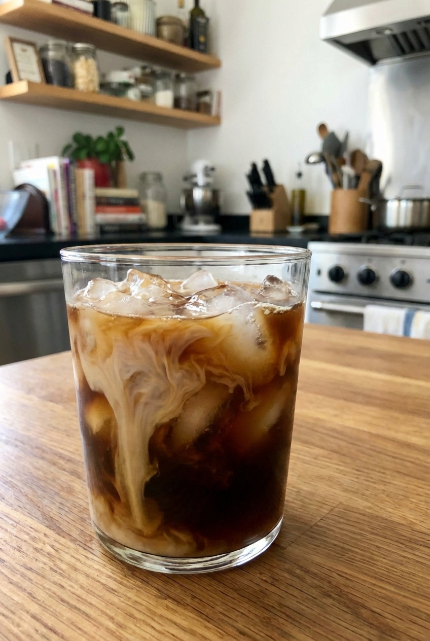 A glass of iced coffee with milk on a kitchen counter