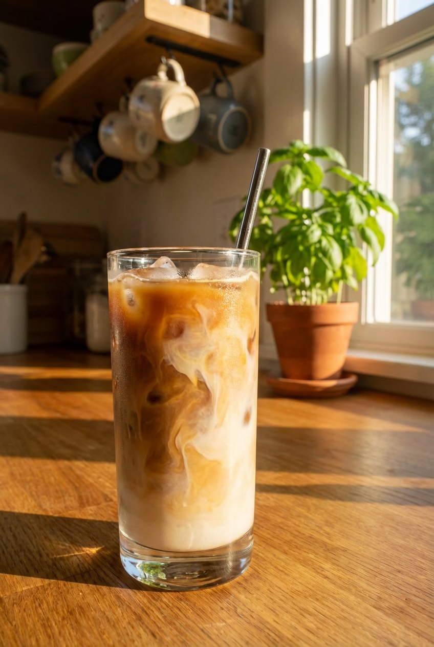 A glass of iced coffee with milk on a kitchen counter in morning light