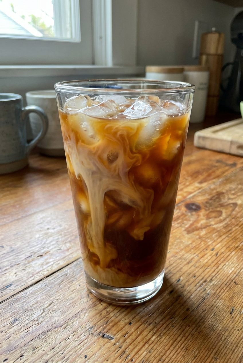 A glass of iced coffee with milk on a wooden countertop