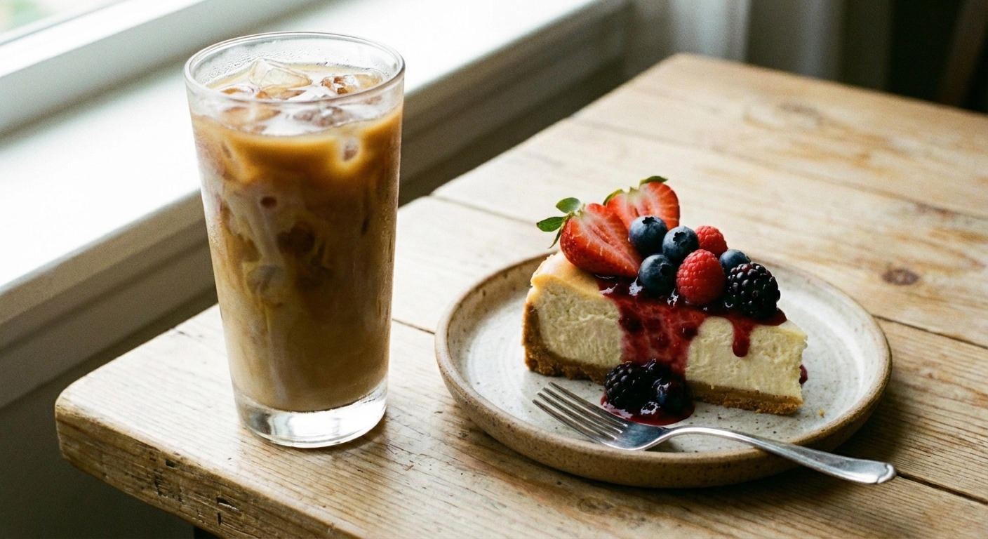 A glass of iced coffee with milk on a wooden table beside a small dessert plate
