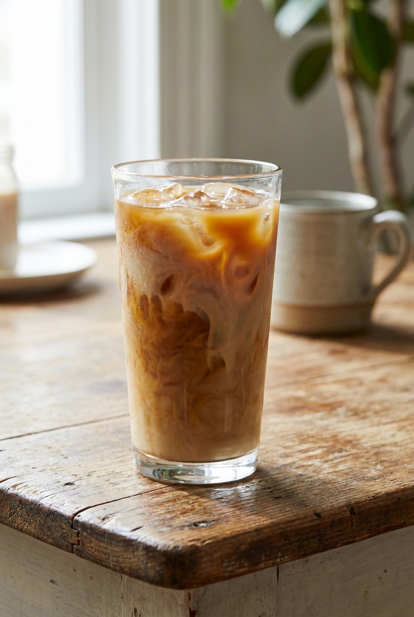 A glass of iced coffee with milk on a wooden table in daylight