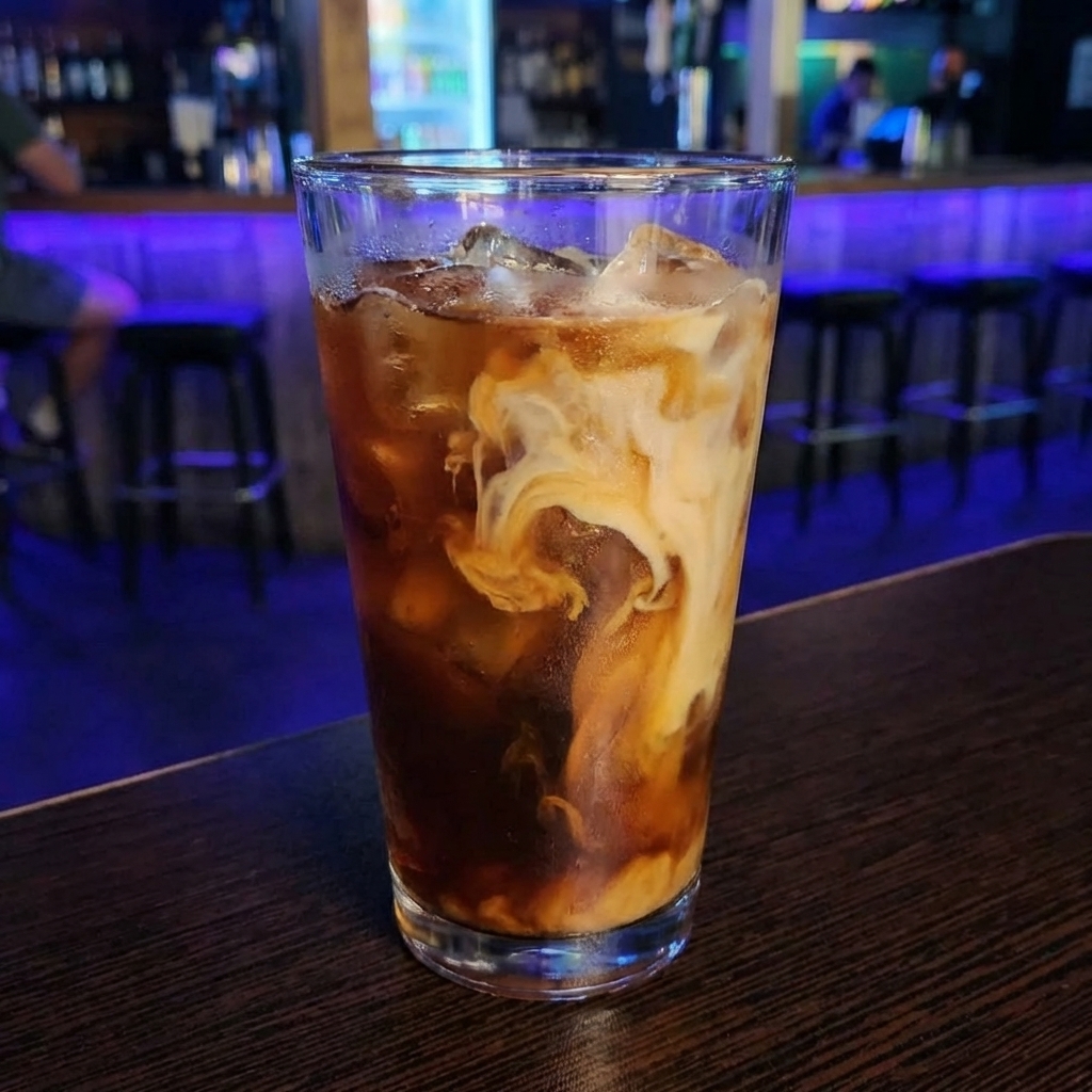A glass of iced coffee with milk swirled through it on a countertop