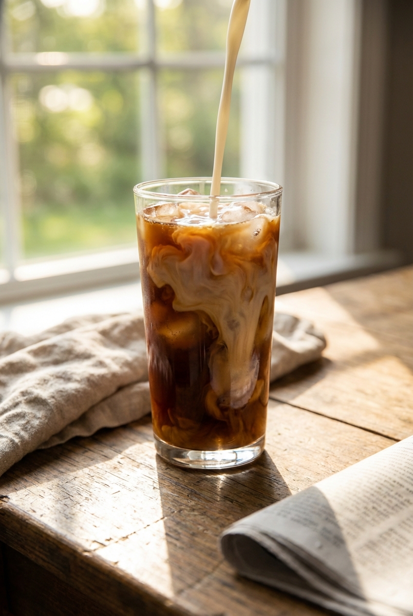 A glass of iced coffee with milk swirling in warm light