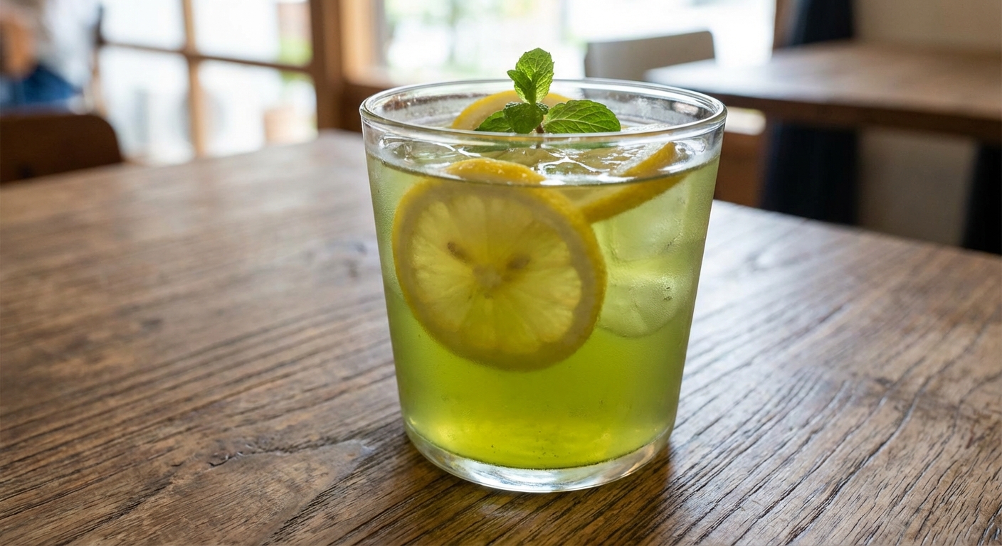 A glass of iced green tea with lemon on a wooden table
