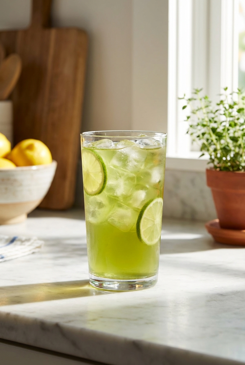 A glass of iced green tea with lime slices on a sunny countertop