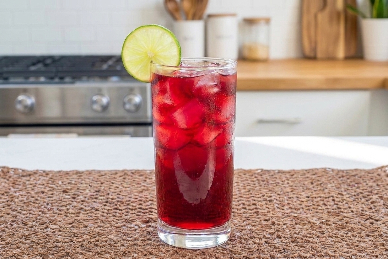 A glass of iced hibiscus tea with a lime wheel garnish and condensation on the outside, set on a wooden table