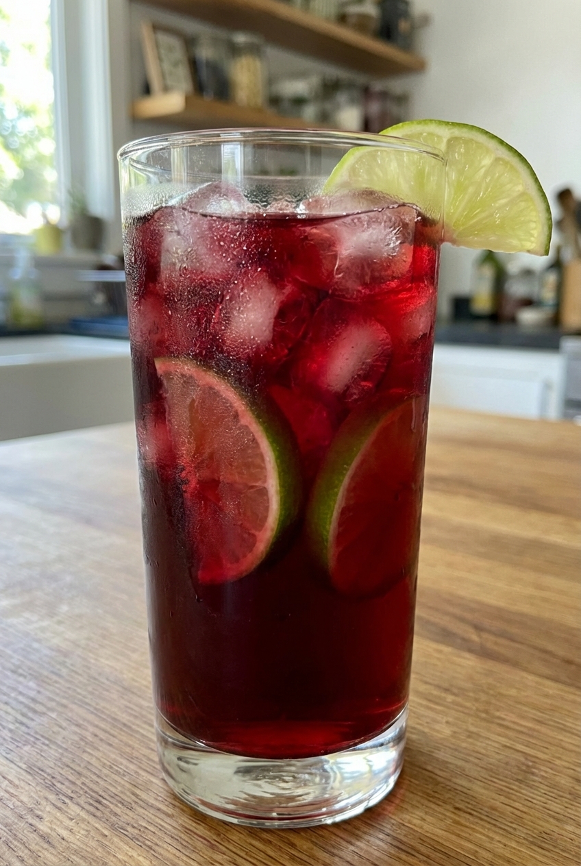 A glass of iced hibiscus tea with lime