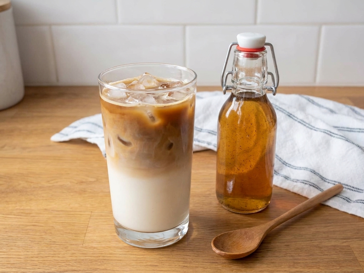 A glass of iced latte on a kitchen counter with a small bottle of vanilla syrup beside it