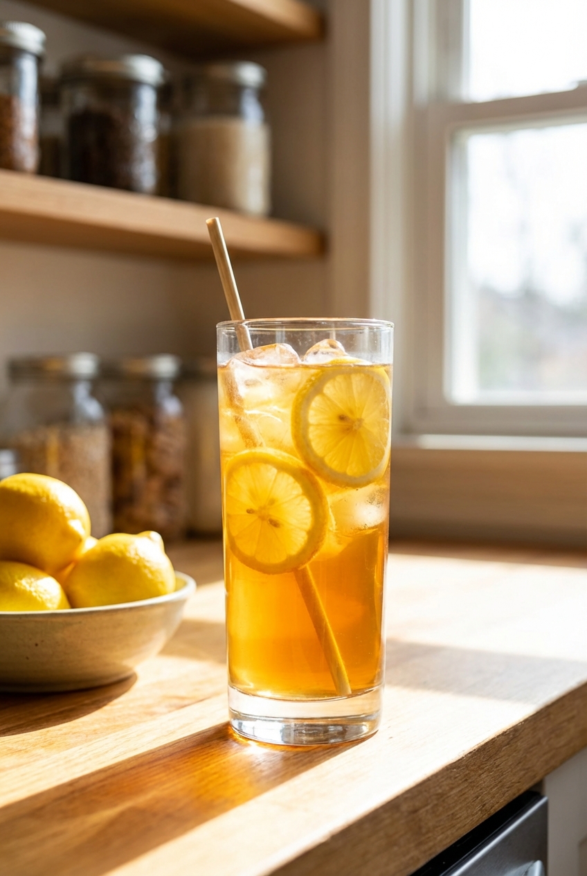 A glass of iced lemon tea with fresh lemon slices on a sunny counter