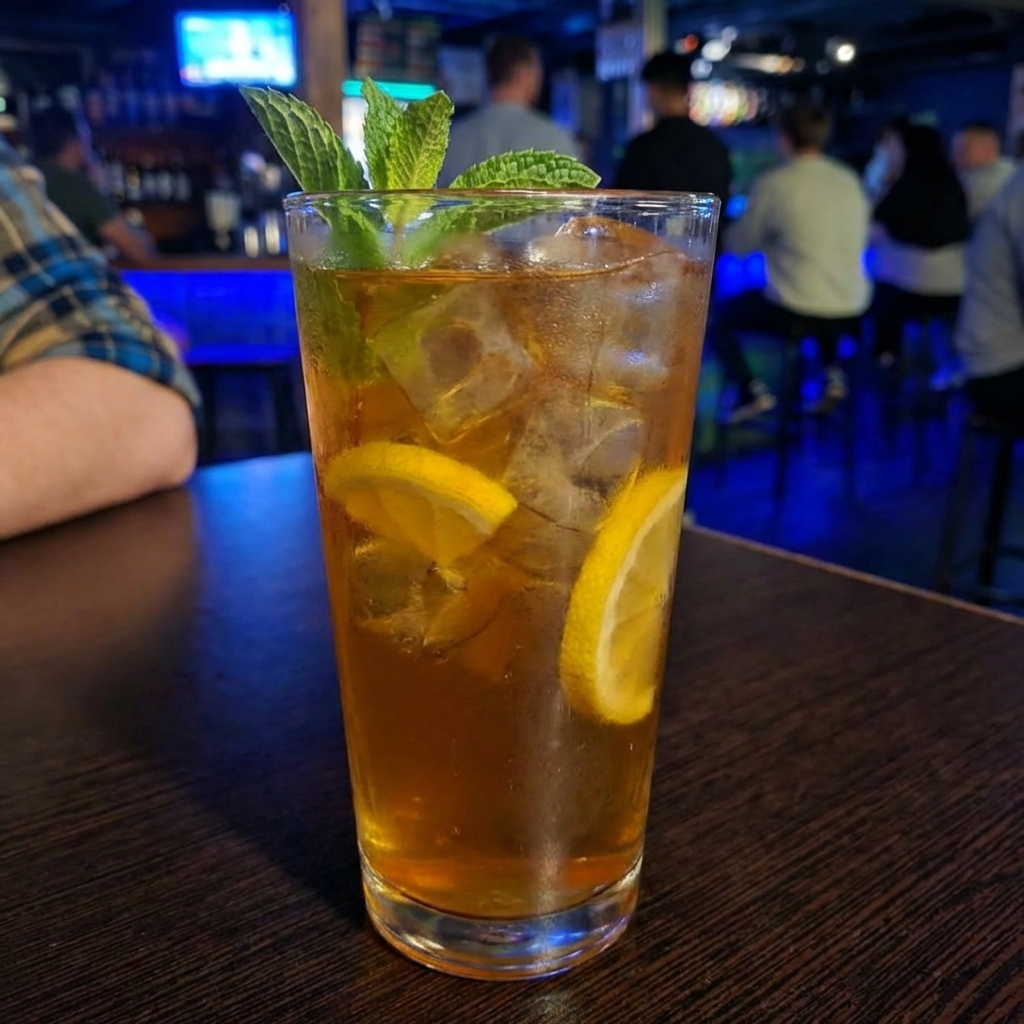A glass of iced lemon tea with fresh mint on a wooden table