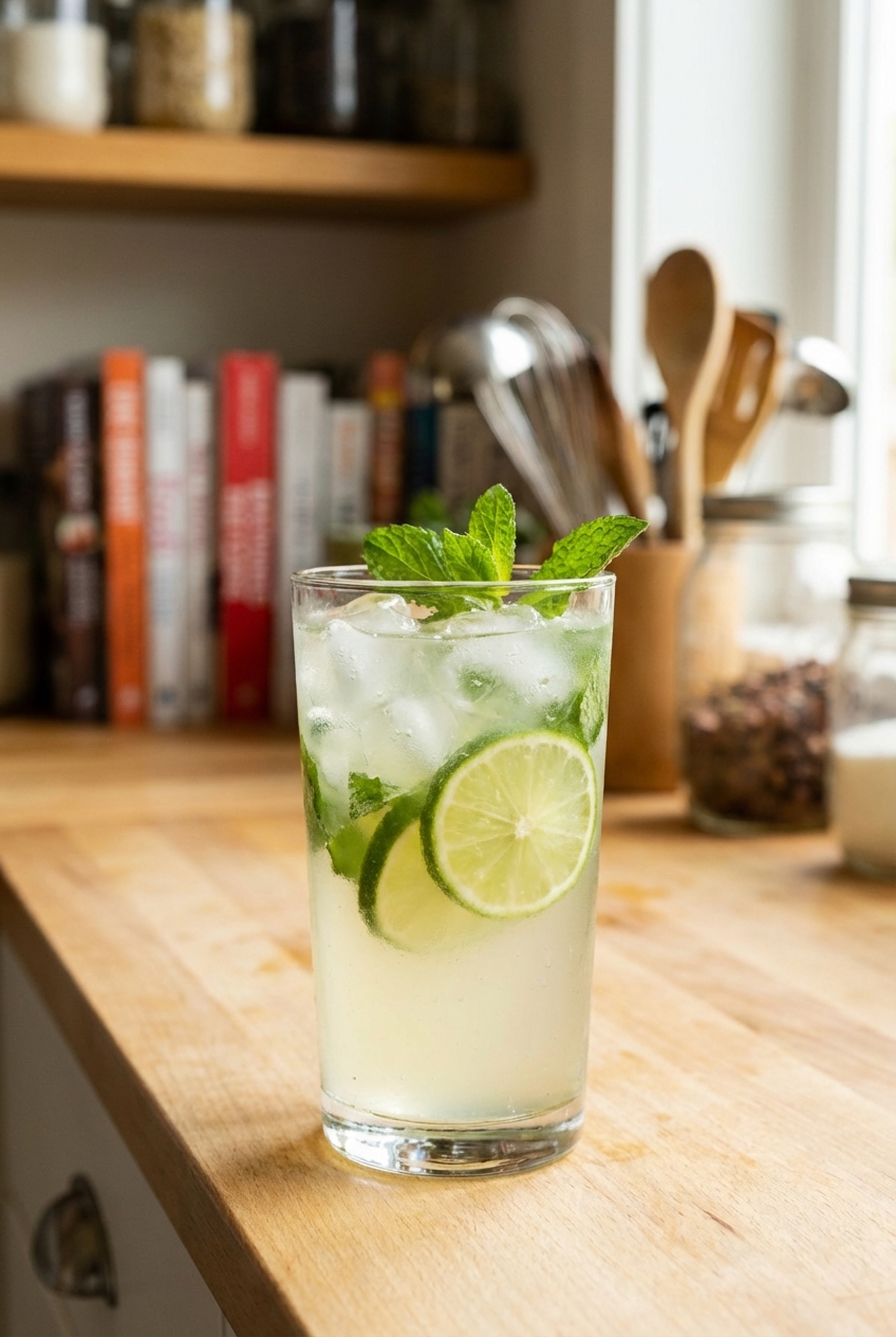 A glass of iced limeade with mint on a kitchen counter