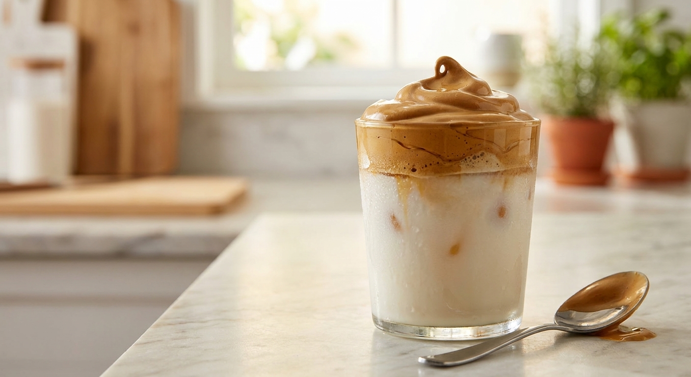A glass of iced milk topped with a thick, glossy dalgona whipped coffee layer, with a spoon resting nearby on a bright kitchen counter, real photo style
