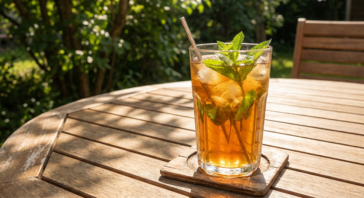 A glass of iced mint tea with fresh mint sprigs on a sunny table
