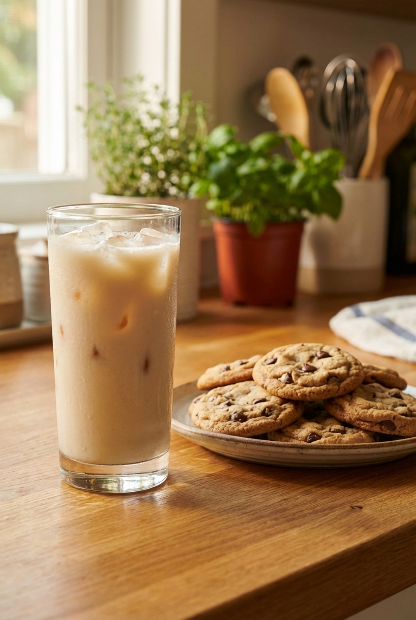 A glass of iced oat milk next to a plate of cookies on a kitchen counter