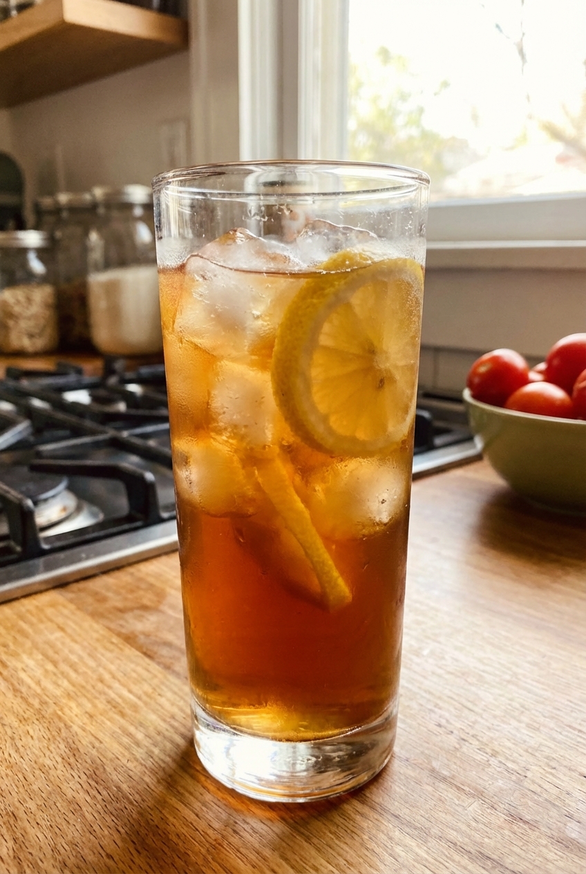 A glass of iced sweet tea with lemon slices