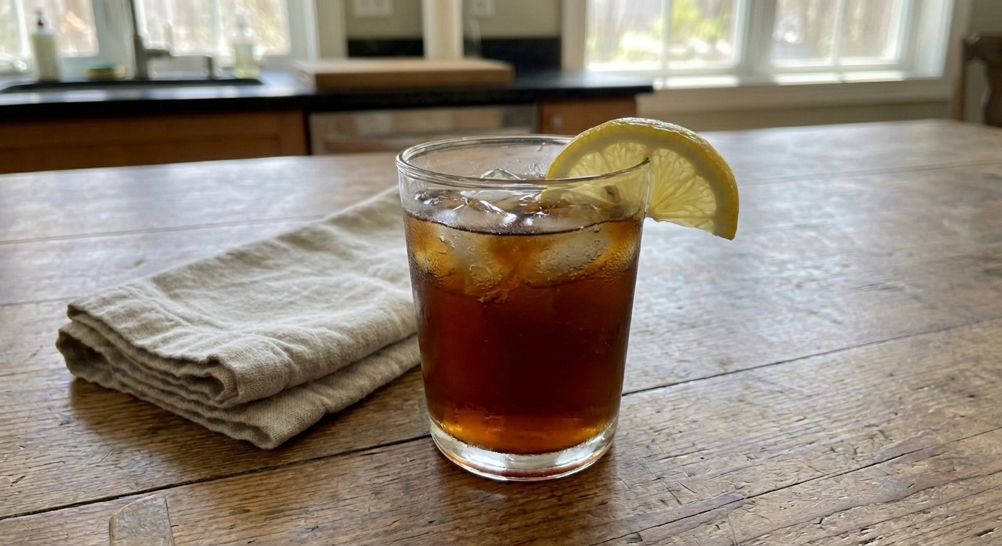 A glass of iced tea with a lemon wedge on the rim on a kitchen counter