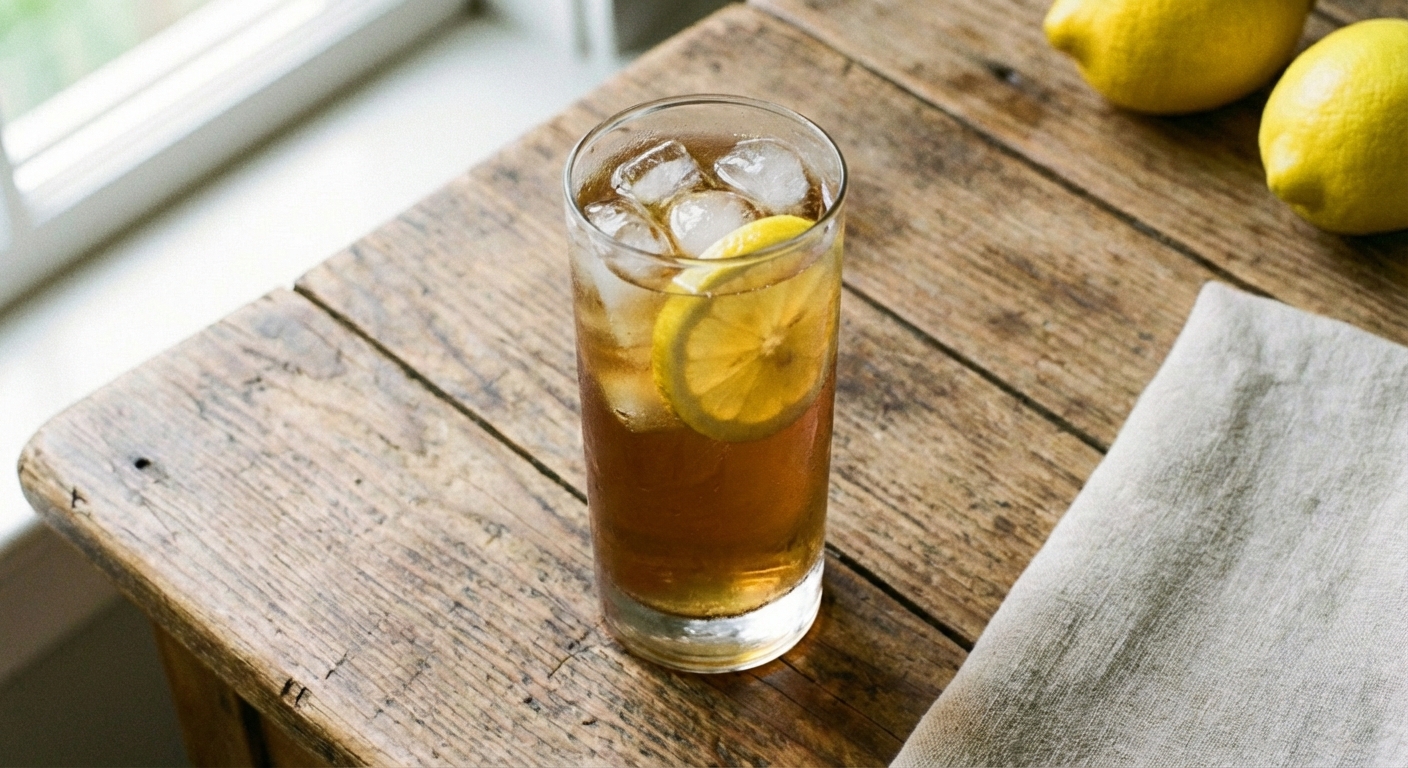 A glass of iced tea with lemon on a kitchen counter