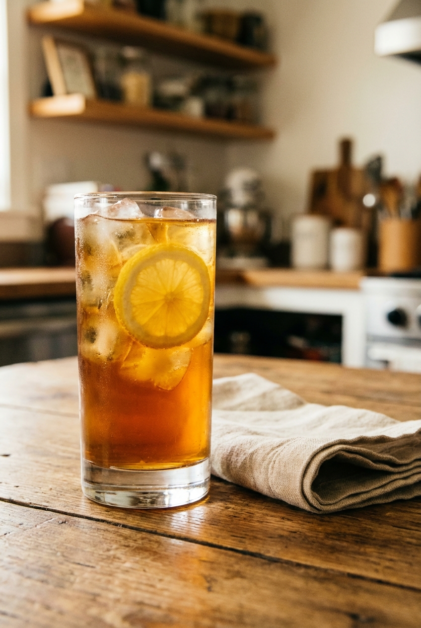 A glass of iced tea with lemon on a table next to a folded napkin