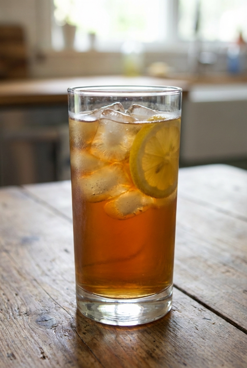 A glass of iced tea with lemon on a wooden table